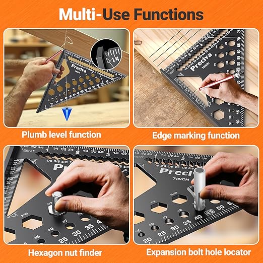 Preciva Carpenter Square 7 inch, 1/16" Precision Rafter Square Aluminum Alloy with Limiter and Pencil, Multi-Purpose Carpenter Tool Measuring Layout Tool for Woodworking and Carpentry
