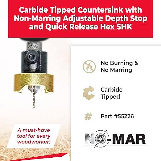 Amana Tool 82 Degree Countersink with Drill Bit Depth Stop and No-Thrust Ball Bearing, 55226, 3/8 D x 3/32 Drill D x 1/4 Inch Quick Release Hex Shank