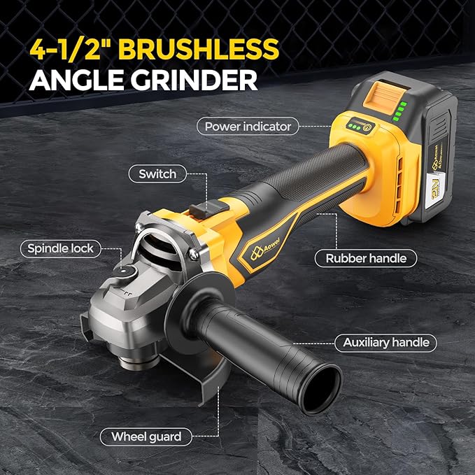 Brushless Cordless Angle Grinder, 21V Angle Grinder Toolbox Kit, with 2x4.0Ah lithium batteries and charger, yellow 4-1/2 inch grinder, suitable for cutting, grinding, polishing