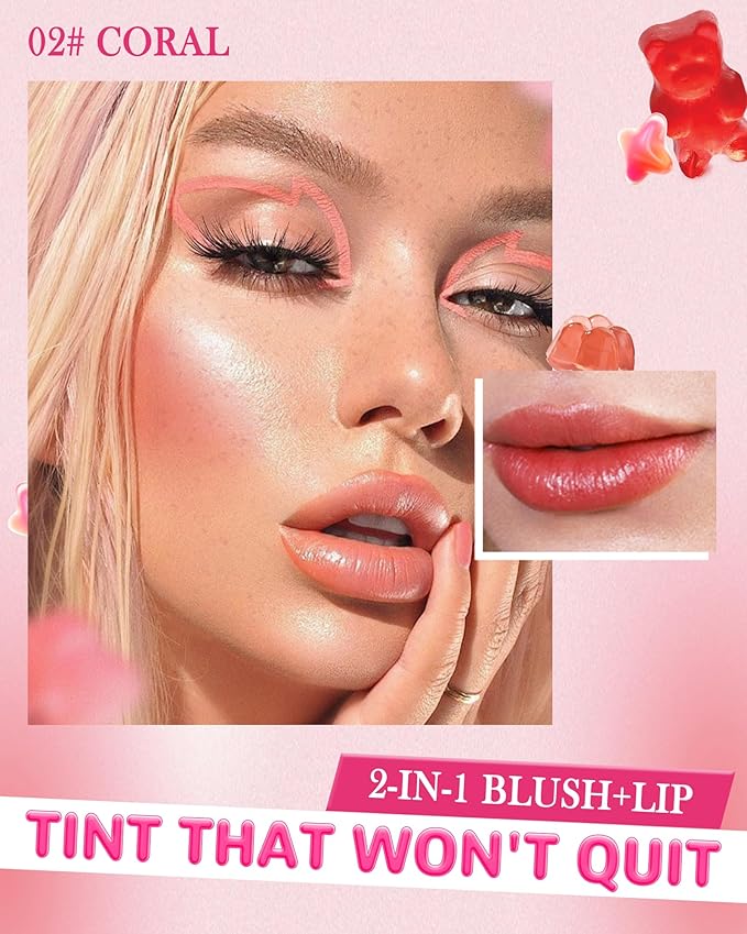 Makeup Jelly Tint,Cooling Water Jelly Tint Coral Blush Stick, Sheer Lip & Cheek Tint Stain, Long Lasting Waterproof Jelly Blush Lip Gloss, Vivid Color, Non-Sticky, Buildable Tinted Jelly Lip Stains-02-VeraVaultWomen