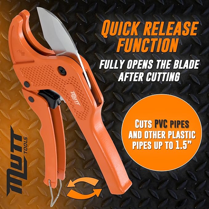 Mutt Tools Professional 1.5” PVC Pipe Cutter Tool - Heavy-Duty Ratcheting Plastic Pipe Cutter for PVC, CPVC, PEX – Cuts up to 1.5 Inch OD – Plumbing Cutting Tool for Home and Pro Use