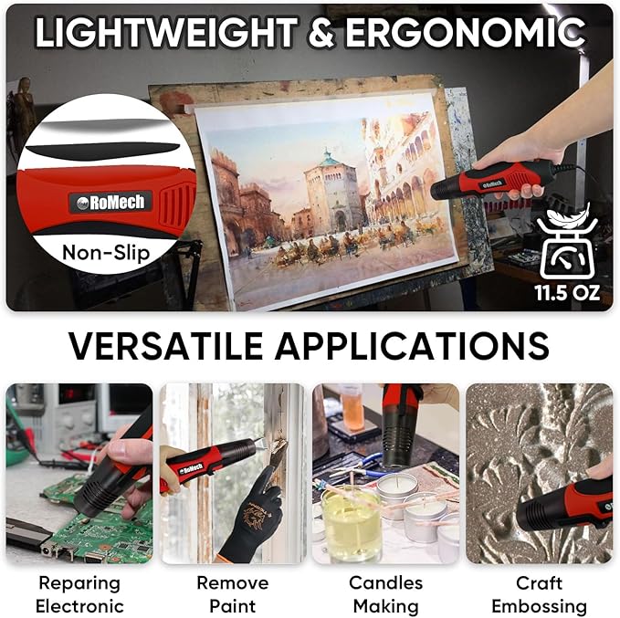 ROMECH 350W Heat Gun with 2 Nozzles, Dual Temp Heat Gun 400°F-660°F, Fast Heat Hot Air Gun with Overload Protection for DIY Craft Embossing Shrink Wrapping (Red)