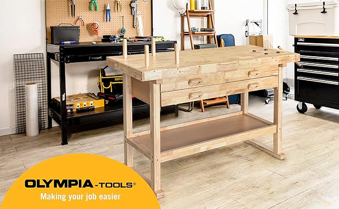 Olympia Tools 60-Inch Rubber Hardwood Workbench with 4-Drawers - 450lbs Weight Capacity Heavy Duty Portable Wood Work Bench Table for Garage, Workshop, Home Storage - Woodworking Wooden Workbenches