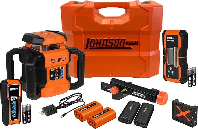 Johnson Level & Tool JRT300-RDHV-K Self-Leveling Red Dual Slope Rotary Laser Kit, 4,000FT Range, Hard-shell Carry Case, Lithium Ion Batteries, Magnetic Target, Laser Detector, Remote Control
