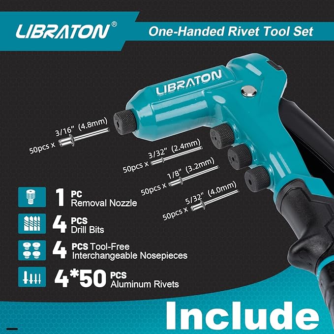 Libraton One-Handed Rivet Gun, Pop Rivet Gun Set, Professional Hand Riveter, Manual Riveting Tool with 200 Rivets for Metal, Includes 4 Drill Bits, 4 Tool-Free Interchangeable Heads, Storage Case