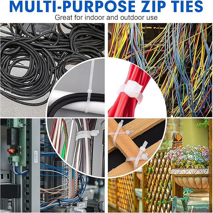 Zip Ties, RAZCC 1200pcs Cable Zip Ties 8 Inch, Heavy Duty White Plastic Wire Ties with 50lb Tensile Strength, Self-Locking Nylon Cable Ties, Wire Management for Indoor and Outdoor