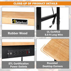48" Adjustable Workbench for Garage, Rubber Wood Heavy Duty Workstation with Power Outlets & Wheels, 2000 LBS Load Capacity Hardwood Worktable for Workshop, Garage, Office, Home, Commercial