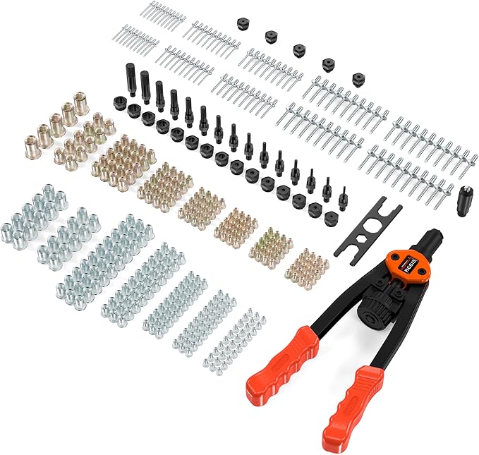 Dual-Function Rivet Nut Tool Rivet Gun Kit Including 405 pcs Rivet Nuts Blind Rivets 15 Mandrels 5 Rivet Nozzles, Multi-Purpose