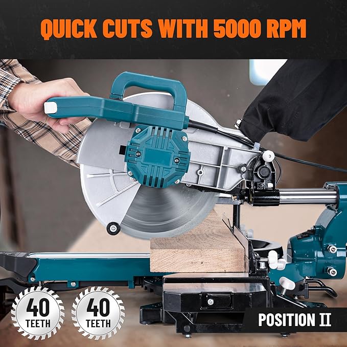 Updated 10-Inch Sliding Miter Saw, Multi-Material Cutting w/ 3 x TCT Blades, Ambidextrous Operation, 5000/3200RPM Speed, Laser Guide, 0-45° Bevel Cut, Max Cut 3.5x13.4in, 9 Positive Stops