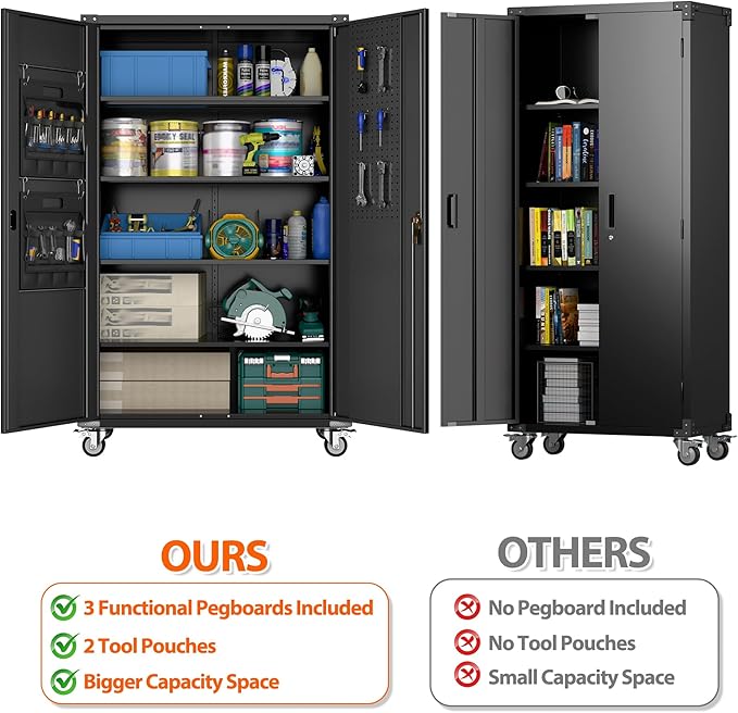 Aobabo Extra Large Cabinet on Wheels, Metal Storage Cabinet with Pegboards, Steel 2 Handles Locking Doors and Adjustable Shelves, for Garage Office, Black, 43.3''W x 21.6''D x 72''H, Assembly Required
