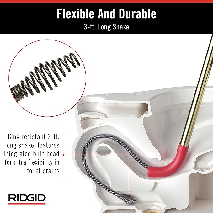 RIDGID 59787 Model K-3 Toilet Auger with Unclogging 3-Foot Snake and Bulb Head