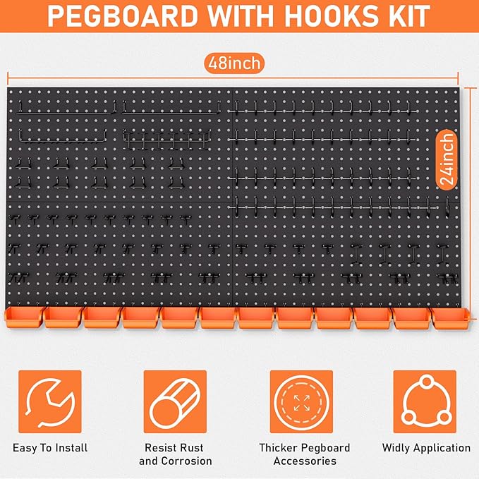 INCLY 48x24 Inch Metal Peg Board Kit with 1/4" Pegboard Hooks Accessories, 4PCS Pegboard Panels and 156PCS Black Pegboard Wall Organizer Tool Storage System for Garage Workbench Shed