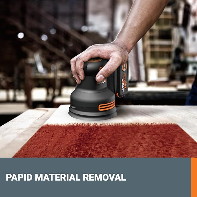 Worx 20V Cordless Random Orbital Sander, Brushless, 150/120/80 Grit Sanding Paper, Cordless Orbital Sander with 1 x 4.0 Ah Battery and 1 X 2 A Fast Charger, WX823L