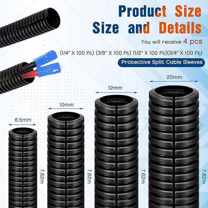 Sasylvia 1/4, 3/8, 1/2, 3/4'' X 25 ft Split Wire Loom Cord Protector Tubing Split Conduit Protector Tubing Convoluted Tube Flexible Electrical Wire Cover Protective Sleeves(Black)