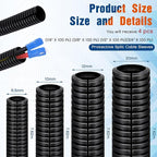 Sasylvia 1/4, 3/8, 1/2, 3/4'' X 25 ft Split Wire Loom Cord Protector Tubing Split Conduit Protector Tubing Convoluted Tube Flexible Electrical Wire Cover Protective Sleeves(Black)