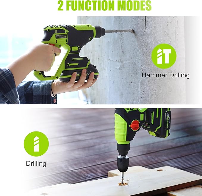 FASTPRO Cordless SDS Plus Rotary Hammer Drill Kit, 20V Brushless Multifunctional Hammer Drill Driver with 1.5Ah Battery, Including 10PCS Drill Bits & 4PCS SDS-Plus Drill Bits