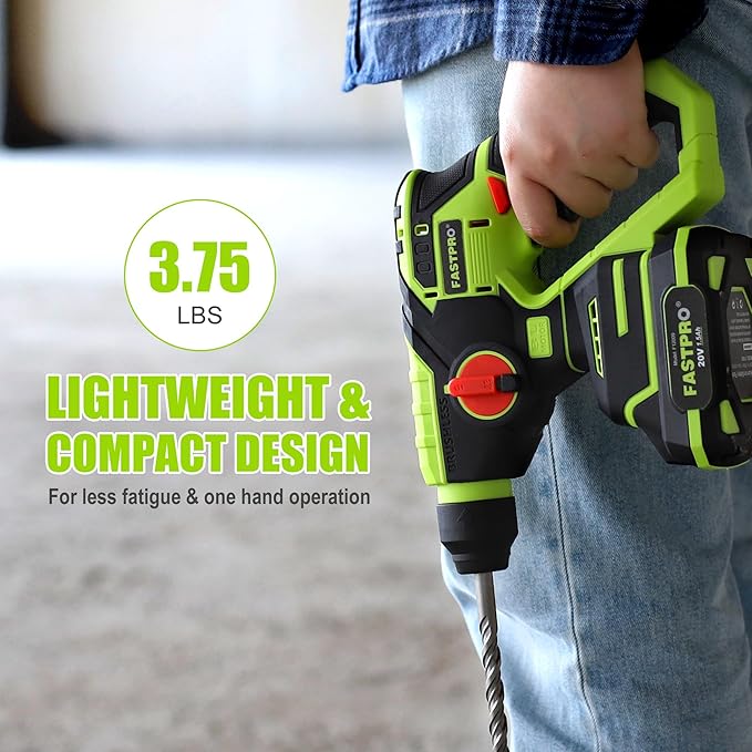 FASTPRO Cordless SDS Plus Rotary Hammer Drill Kit, 20V Brushless Multifunctional Hammer Drill Driver with 1.5Ah Battery, Including 10PCS Drill Bits & 4PCS SDS-Plus Drill Bits