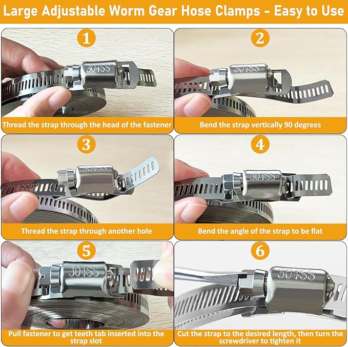 Hose Clamps Assortment Kit, Worm Gear Duct Pipe Hose, 304 Stainless Steel Band Fittings Strap, 32.81FT DIY Large Adjustable Metal Bolt with 20 Stronger Fasteners Screw for Plumbing Auto Tube Fuel Line