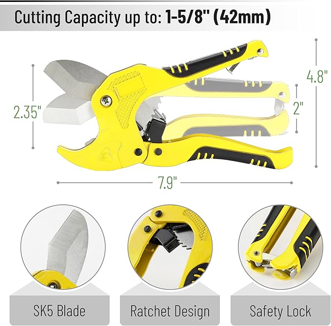 Bates- PVC Pipe Cutter, Cuts up to 1-5/8", Black & Yellow Ratcheting PVC Pipe Cutter Tool, Pipe Cutters PVC Pipe Shears, Plastic Pipe Cutter, PEX Pipe Cutter, PVC Cutter Tool, PVC Ratchet Cutter