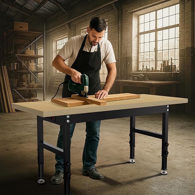 60” Wood Work Bench Work Table, Heavy-Duty Adjustable Workbench with Power Outlets, 3000 Lbs Capacity Tool Bench Workstation for Garage, Workshop