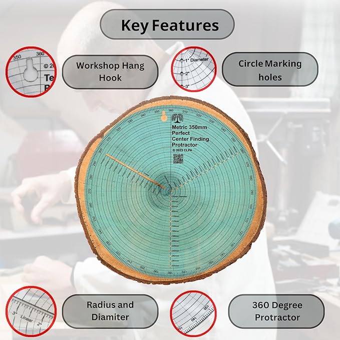 clearly printed 350mm circle center finder tool, protractor, and circle maker tool and compass for woodworking and wood turning. Find the center of timber or dowel with our center finder ruler.