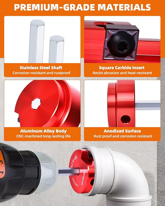 8 Pieces PVC Pipe Reamer Kit with 1/2 inch, 3/4 inch, 1 inch, 1-1/4inch, 1-1/2inch, 2inch, 3inch, 4inch, Aluminum PVC Fitting Saver, Plumbing Tools for SCH40, Fit into Standard 1/2" Drills