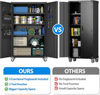 2025 Upgraded Wide & Deep Garage Storage Cabinet with Wheels, Lockable Metal Storage Cabinet with Pegboards and 9 Hooks, 2 Tool Pouches for Garage,4 Adjustable Shelves (Black,43''W x 22''D x 72''H)
