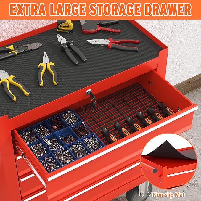 5 Drawers Rolling Tool Chest, Large Capacity Metal Tool Box with Wheels and Drawers, Tool Storage Cabinet with Keyed Locking, Tool Organizer Box for Garage, Workshop, Warehouse (Red)