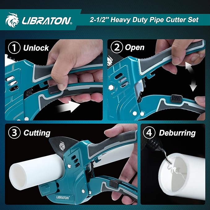 Libraton PVC Pipe Cutter, Up to 2-1/2", Ratchet Pipe Cutter Tool for PEX, PVC, PPR Plastic Hoses Plumbing, Heavy-Duty Pipe Cutter with Deburring Tool Replacement Blade, 2 Adjustable Cutting Ranges