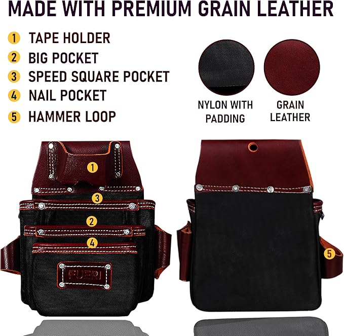 FUERI Tool Belt With Suspender Men Carpenter Pouches Construction Bags Electrician Belts Framer Worker Pouch Bag Holder Organizer 26 Pocket Nylon Leather Black Professional Set - Extra Large
