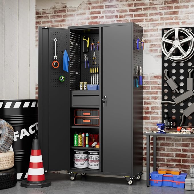 Aobabo Metal Storage Cabinet with Wheels and Adjustable Pegboard, Steel Rolling Tool Cabinet with 16 Hooks and 1 Interior Drawers for Garage, Home, Office, Kitchen, Black, Assembly Required