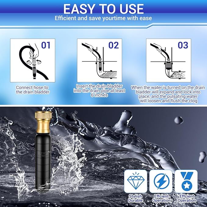 Drain Cleaning Bladder- Fits 1" to 2" Pipes, 3/4" Hose Thread Valve,Ideal for Sinks, Showers, Tubs & Sewer Lines, Rubber, Easy Daily Use, Cold Water Only (S:1" to 2")