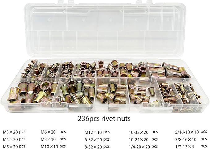 16-Inch Rivet Nut Tool Rivet Nut Kit, with15 Metric and SAE Mandrels, 236Pcs Assorted Rivet Nuts, and Rugged Carrying Case