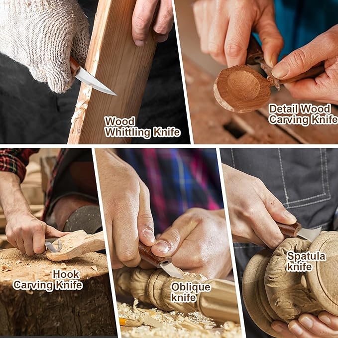 Wood Carving Knife With Leather Strop and Polishing Compound, Wood Whittling Tools for Beginners, Adults and Kids (Details Carving Knife)