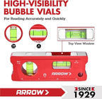 ARROW 4-Inch Torpedo Level, Small Magnetic Leveler Tool with 0°/90° Bubbles, Top-view Window, Aluminium Alloy Frame, Dual SAE and Metric Scales