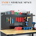 48" Heavy Duty Adjustable Workbench with Large Pegboard, Adjustable Work Table with Power Outlets & Lockable Wheels, Rubber Wood Workstation for Garage, Workshop, Office, Home, Commercial