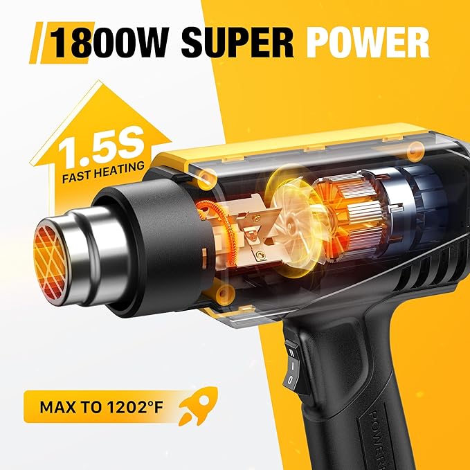 SEEKONE 1800W Heat Gun Compact Design Heavy Duty Hot Air Gun 122℉-1202℉（50℃- 650℃）Variable Temperature Control for 2 Speed Settings with 4 Nozzels for Crafts, Vinyl Wrap, Shrink Tubing