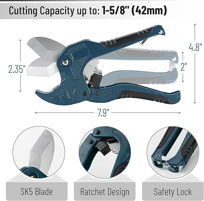 Bates- PVC Pipe Cutter, Cuts up to 1-1/4", Teal Blue Ratcheting PVC Pipe Cutter Tool, Pipe Cutters PVC Pipe Shears, Plastic Pipe Cutter, PEX Pipe Cutter, PVC Cutter Tool, PVC Ratchet Cutter