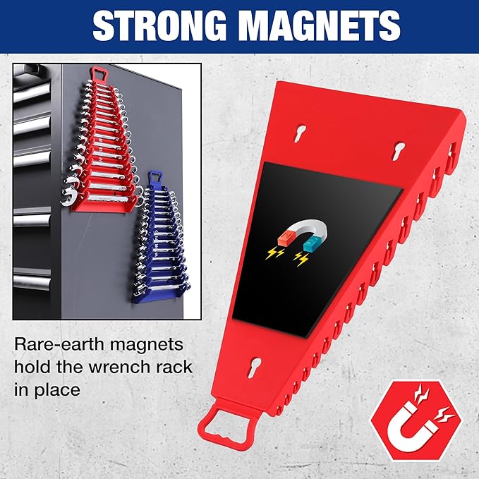 WORKPRO Magnetic Wrench Organizer, 15-Slot Gripper Reverse Wrench Holder for Tool Box, 2-Pack Wrench Rack Fits SAE (1/4” to 1-1/16") and Metric (6mm to 27mm), Flexible Grips, Blue and Red