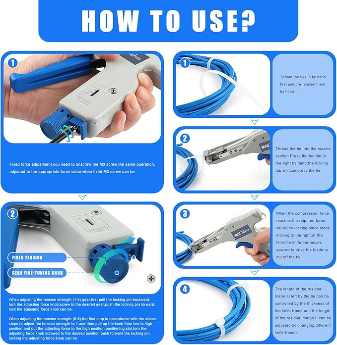 Yangoutool Zip Tie Tool – Continuously Adjustable Cable Tie Gun for Fastening and Cutting Nylon Zip Ties - Fit 4mm to 12mm Wide, 1mm to 2mm Thick Nylon Ties