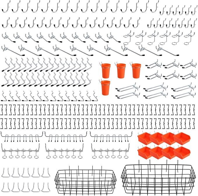 Pegboard Organizer Accessories Kit 264 PCS, Peg Board Hooks Assortment with Bins, Cups, Baskets for 1/4in Pegboard Wall Organizer, Garage Organization, Workbench, Craft Room, Hanging Tools