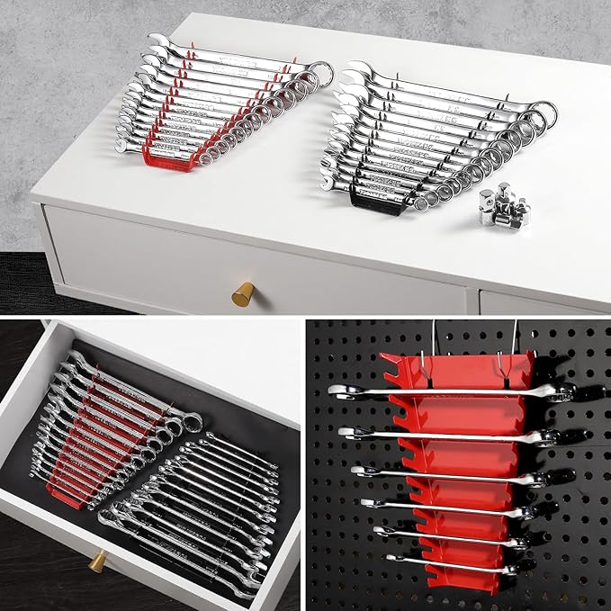 ALOANES 26-Slot Metal Wrench Organizer, Heavy Duty Hanging Wrench Organizer Tray for Tool Box&Wall, Fit SAE & Metric Wrench Storage, 2 Pack Wrench Holders (Red&Black)