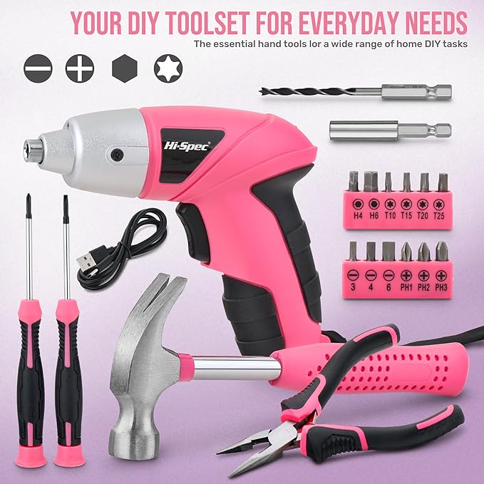 Hi-Spec 19pc 3.6V Pink USB Small Power Screwdriver & Home DIY Tool Kit Set. Cordless & Rechargeable Electric Screwdriver and Compact Hand Tool Box Set