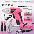 Hi-Spec 19pc 3.6V Pink USB Small Power Screwdriver & Home DIY Tool Kit Set. Cordless & Rechargeable Electric Screwdriver and Compact Hand Tool Box Set
