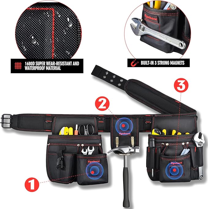 Adjustable Tool Belt with Multi-Pocket Storage – Heavy Duty 1680D Fabric – Magnetic Waist Tool Organizer for Electricians, Carpenters, Construction Workers Men