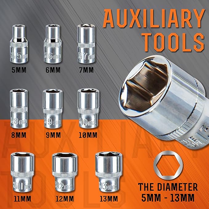 CARTMAN 11pcs 1/4 Inch Ratchet Socket Wrench Tool Set with 9 Drive Sockets 5-13mm and 2 Way Quick Released Ratchet Handle and Extension Bar