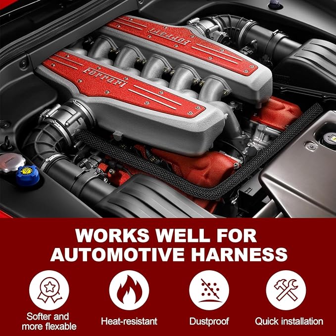 Automotive Wire Loom High Temperature Braided Wire Loom, Split-Sleeve Heat Resistant Wiring Loom Cord Cover for Harness Wires, Self-Wrapping Heavy Duty Sheathing Cable Management Black（6.6ft-3/8inch ）