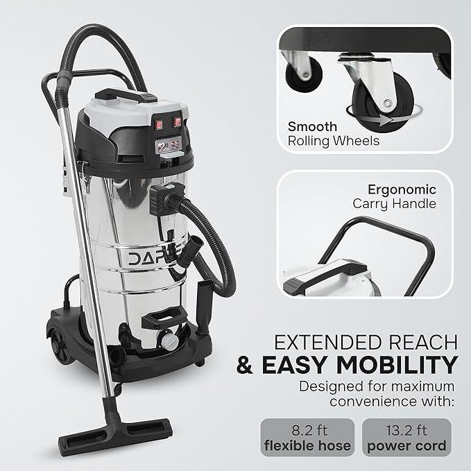 26.5 Gallon 11 Peak HP Wet/Dry Vacuum, Stainless Steel Tank, 2 in 1 Function Portable Shop Vacuum with Attachments, Built-in Drain Ideal for Jobsite, Garage & Workshop.