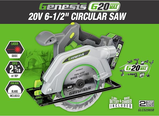 Genesis G20MAX 20V Cordless Circular Saw 6-1/2 inch with Laser & LED Light, Includes 24TCT thin-kerf blade, 2.0Ah Battery and Charger(GLCS2065B)