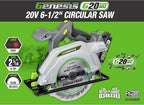 Genesis G20MAX 20V Cordless Circular Saw 6-1/2 inch with Laser & LED Light, Includes 24TCT thin-kerf blade, 2.0Ah Battery and Charger(GLCS2065B)